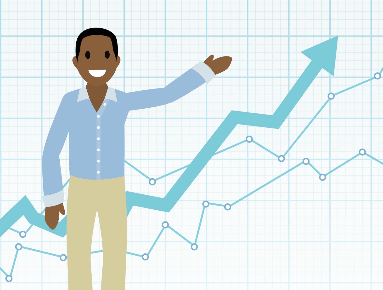 A man in front of a wall that displays a chart with three jagged lines all pointing upward