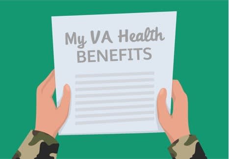 An illustration of a veteran holding a packet that says, “My VA Health Benefits.
