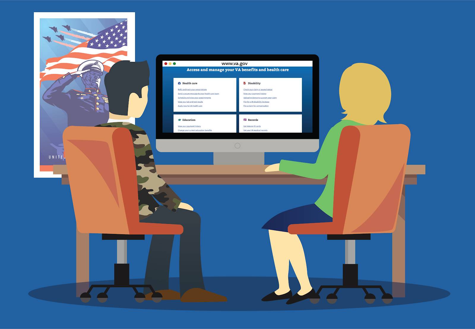 Illustration of a veteran and spouses accessing VA.gov on the computer