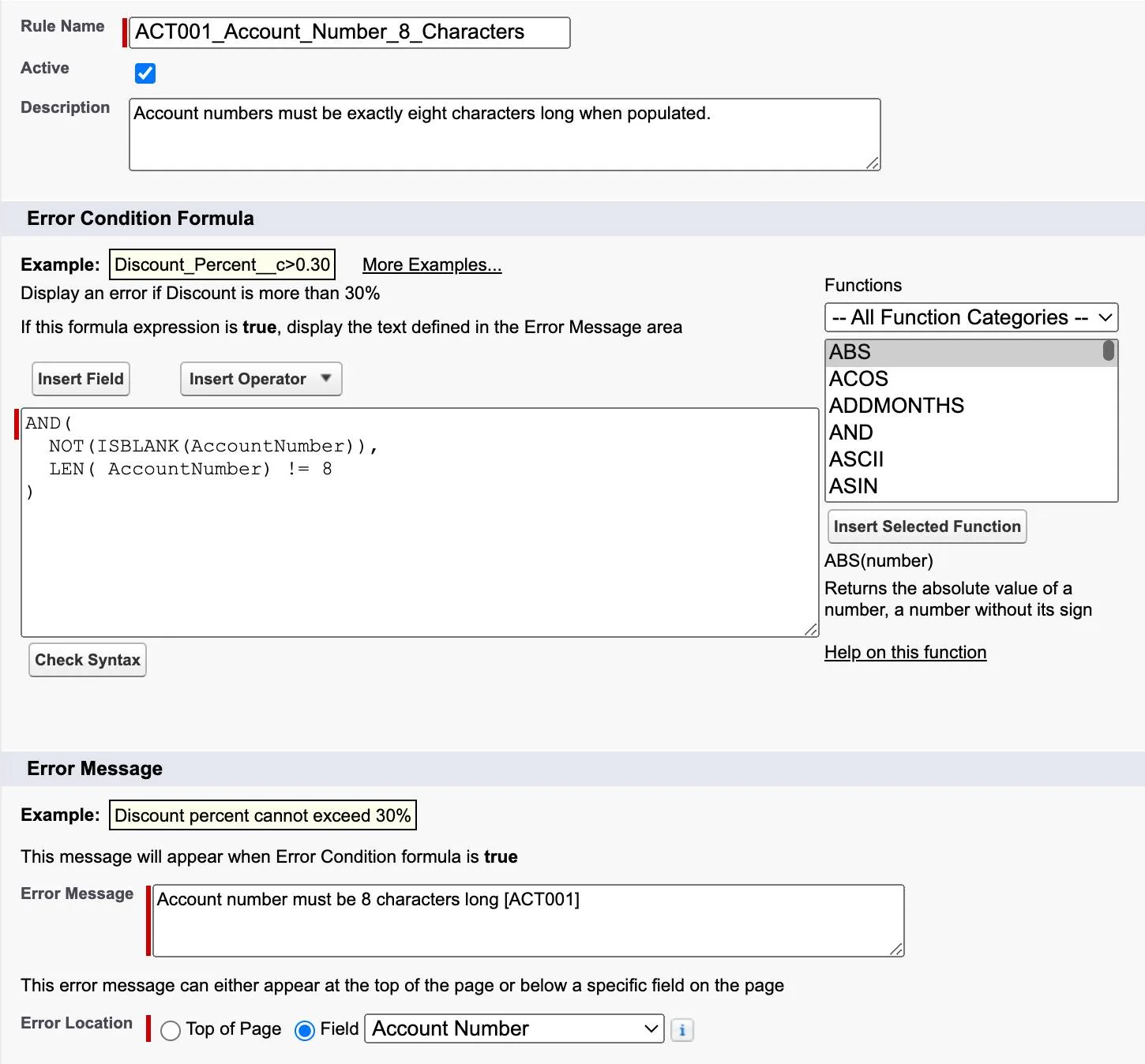 Validation rule edit screen showing all the values populated.