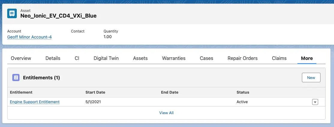 The Entitlements related list on the More tab of an asset record.