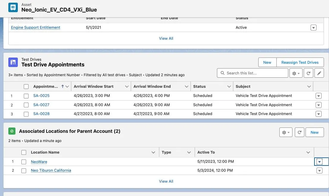 The Test Drive Appointments related list on the More tab of an asset record.