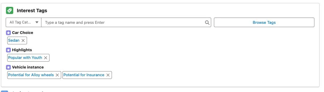 Interest tags added to a vehicle record.