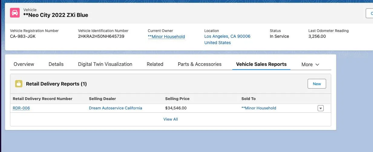 The Vehicle Sales Reports tab on a Vehicle record.