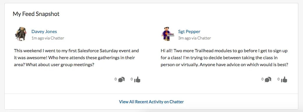 Alt text: The interface for My Feed Snapshot shows two posts from members of the Trail Crew.