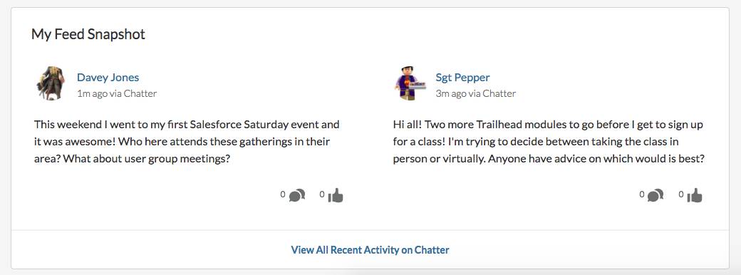 Alt text: The interface for My Feed Snapshot shows two posts from members of the Trail Crew.