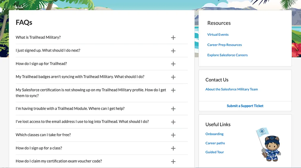 The Resources interface in Trailhead Military including FAQs, Resources, and other useful links.