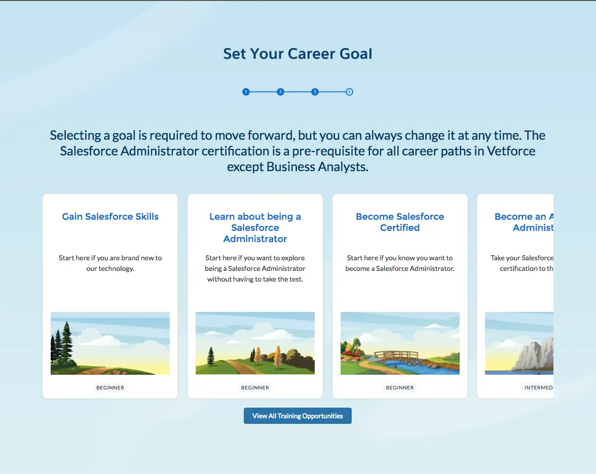 Alt text: The interface for selecting a career goal includes Become Salesforce Certified, Become an Advanced Administrator, and Learn about being a Salesforce Developer.