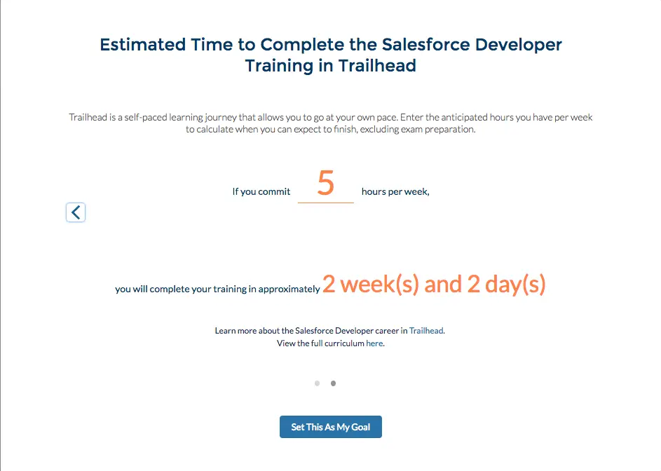 The calculator interface showing if you commit 5 hours per week to the Salesforce Developer Training, you will complete in 2 weeks and 2 days.