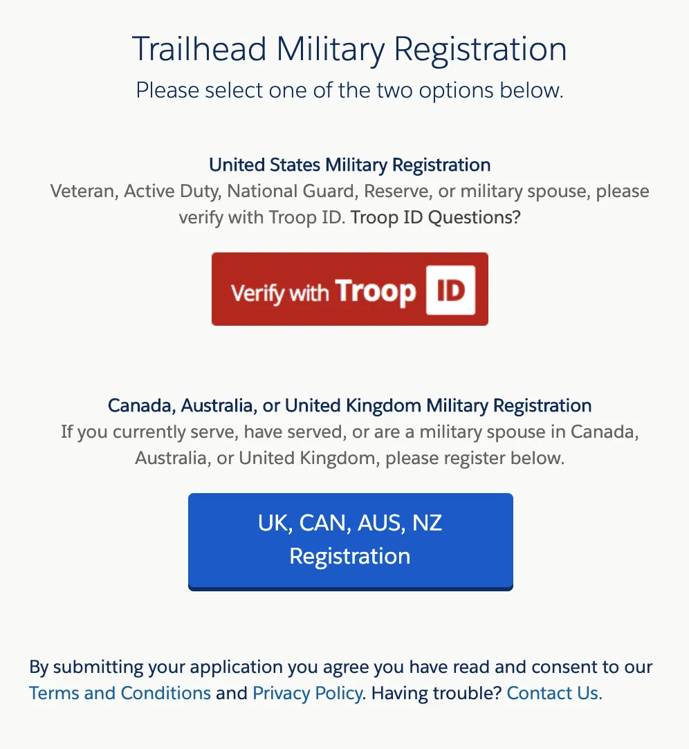 The Troop ID interface with options for US Military Registration or Canada, Australia, or United Kingdom Military Registration.