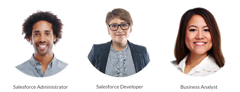 Alt text: Images of three people for the three pathways: Salesforce Administrator, Salesforce Developer, and Business Analyst.