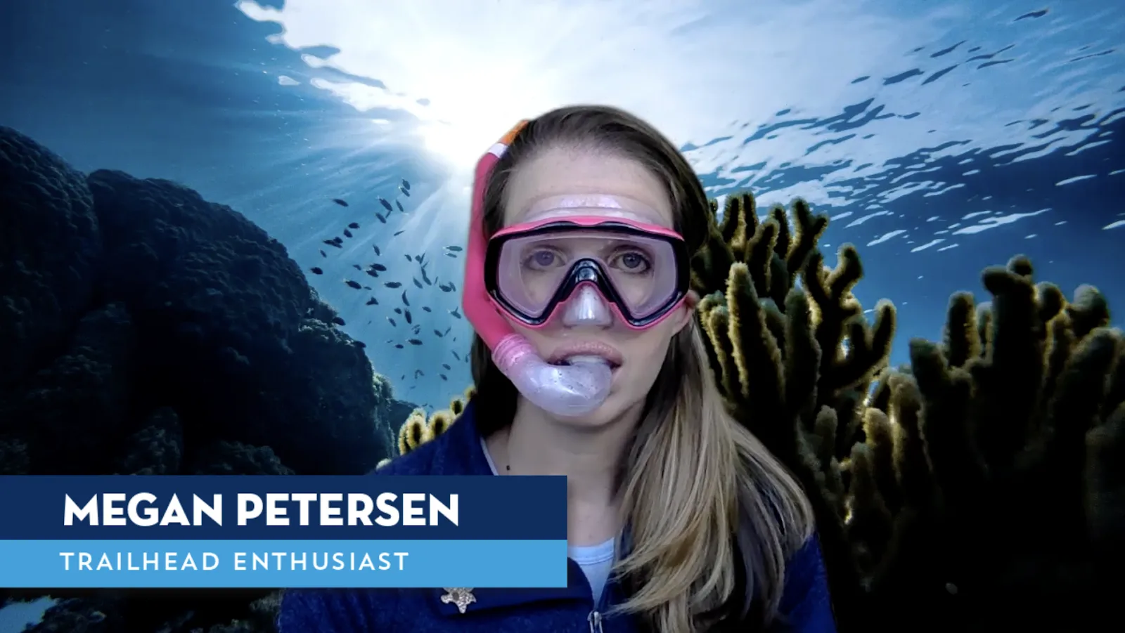 a picture of a woman underwater wearing a snorkel mask with a lower third showing her name and title