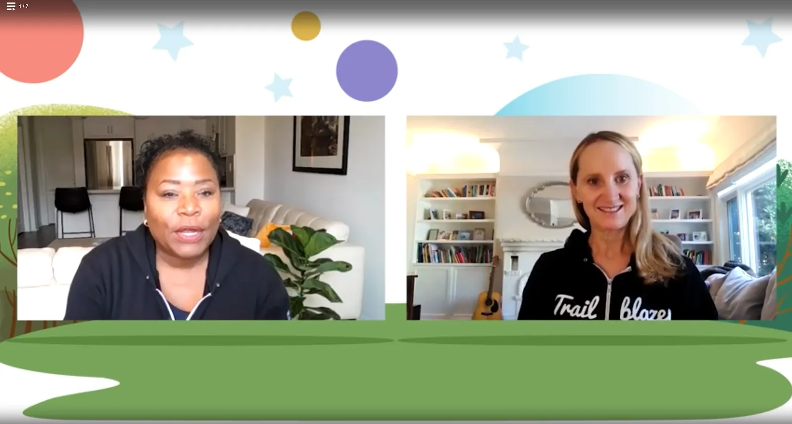 Two women featured split screen with a Trailhead inspired background, one woman is smiling and the other one is talking