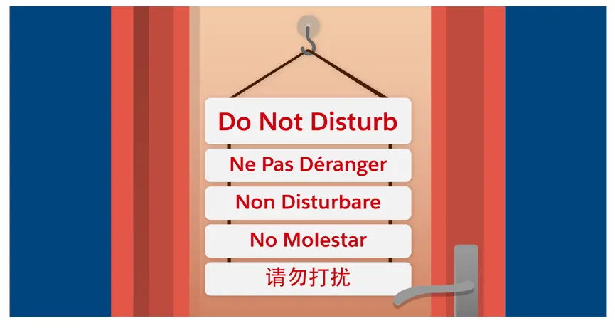 A door with Do Not Disturb signs in various languages