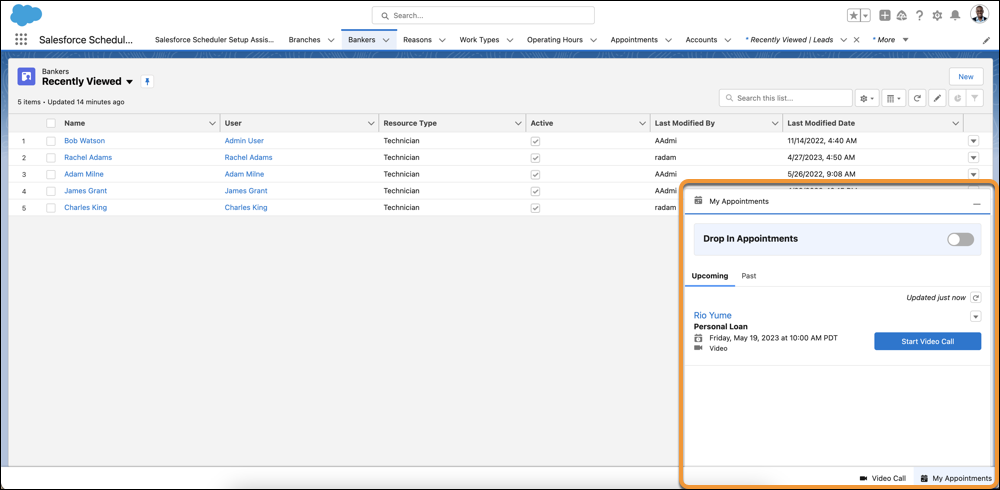 The My Appointments micro calendar console on the Salesforce Lightning console.