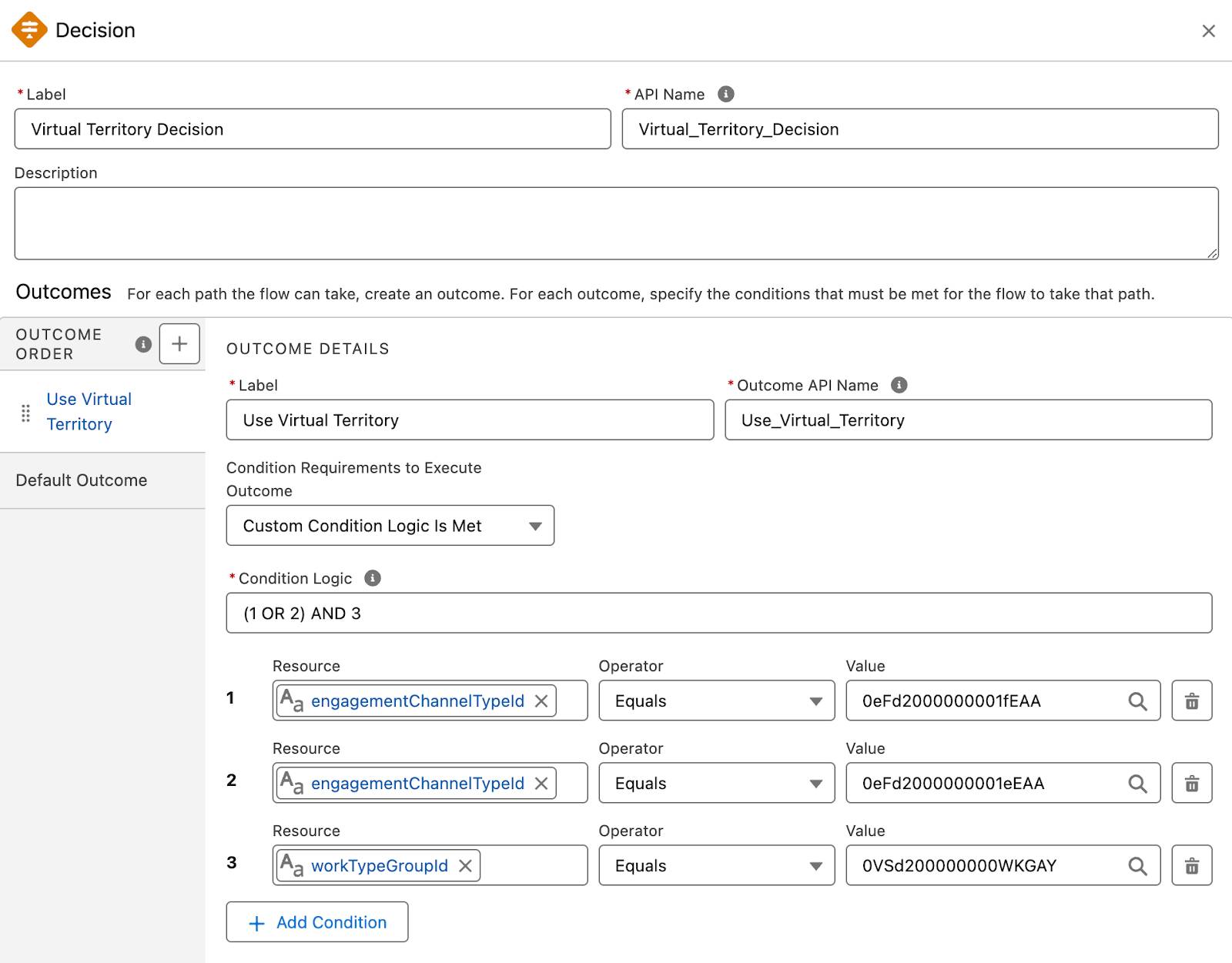 The Decision panel with conditions and condition logic entered.