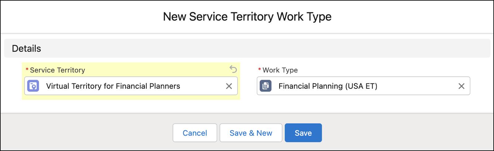 The New Service Territory Work Type screen with the service territory selected.