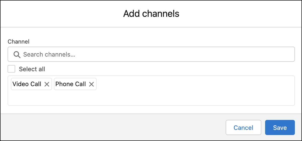 The Add channels window with Video Call and Phone Call selected.