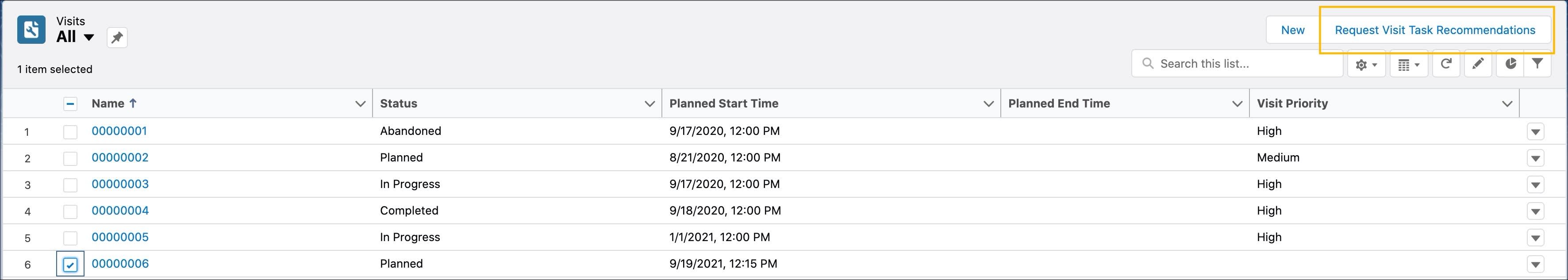 The Visits page showing a list of visit records.