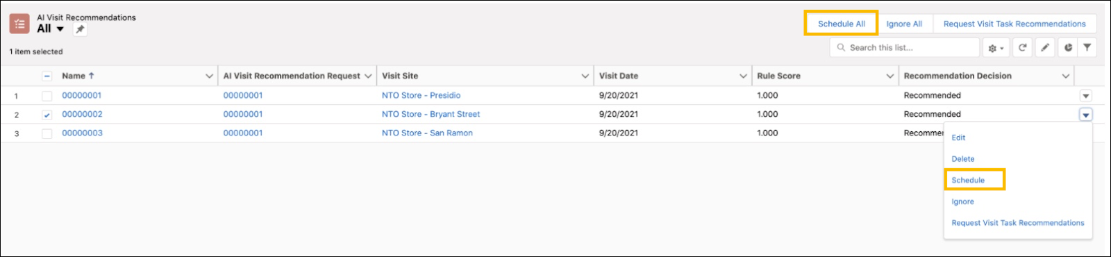 The AI Visit Recommendations page showing the options to schedule one or more recommended visits.