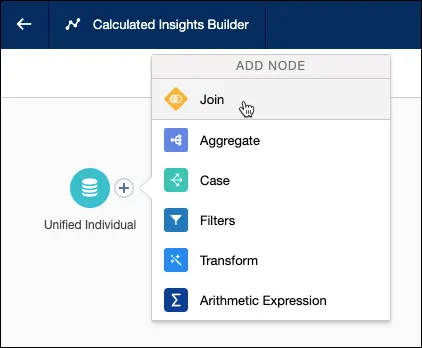 Join Node being selected in the insights builder.