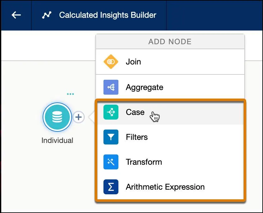 Node options in Insights Builder