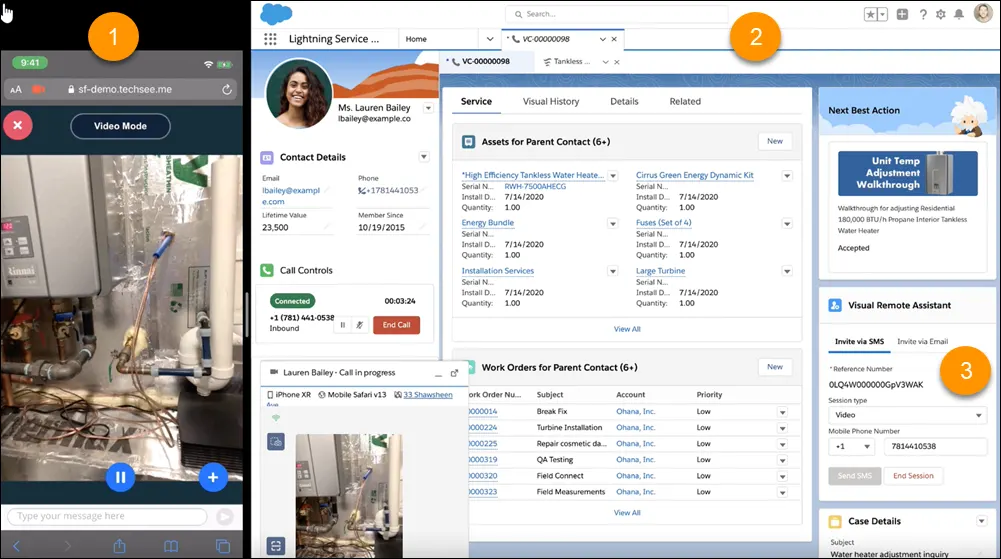 Graphic showing the incoming phone call, customer information, and the pane to launch Visual Remote Assistant.