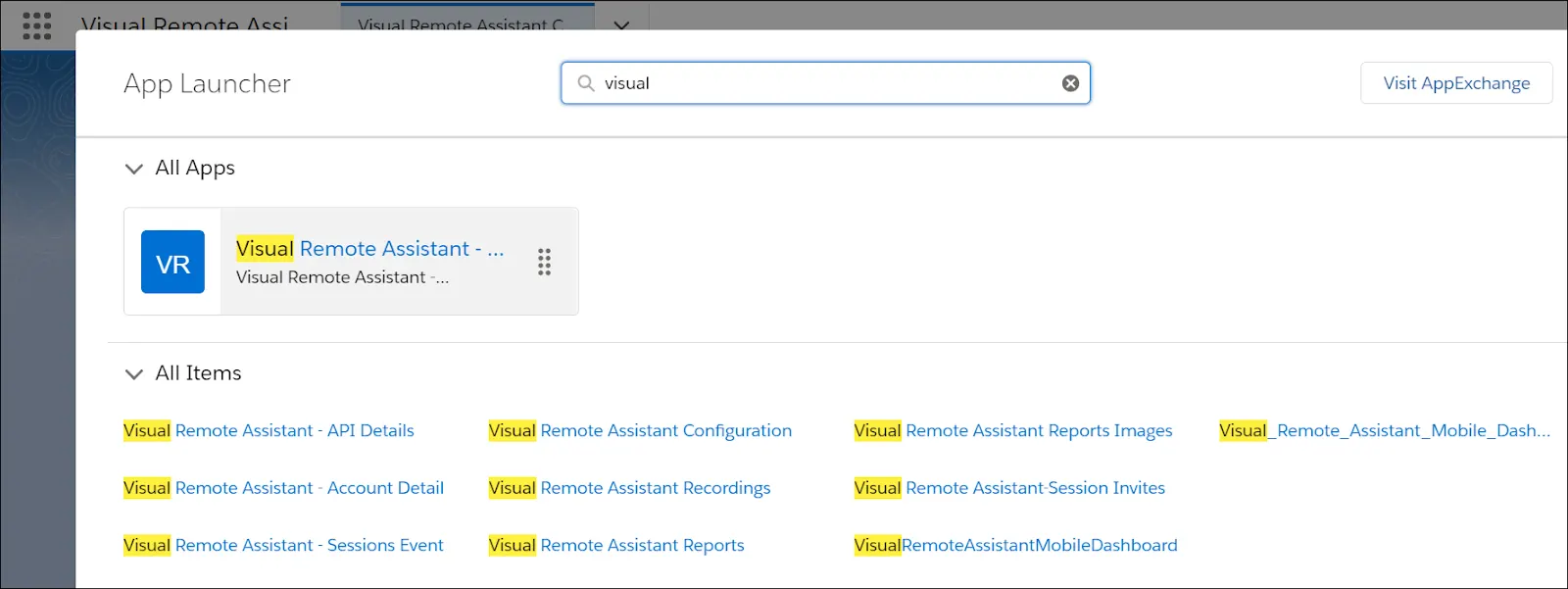 「Visual Remote Assistant」、「Visual Remote Assistant - API Details」、「Visual Remote Assistant - Account Detail」などが表示されたアプリケーションランチャー。