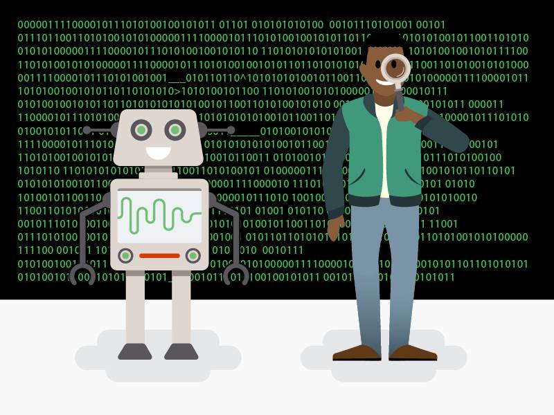 A robot, representing an automated scan, and a person holding a magnifying glass, representing a penetration tester.