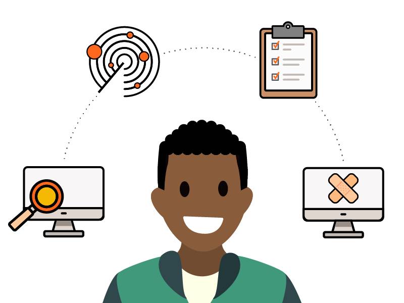 A vulnerability assessment analyst surrounded by icons representing their tasks: computer with magnifying glass symbolizing asset discovery, radar circle symbolizing vulnerability scanning, and so on.