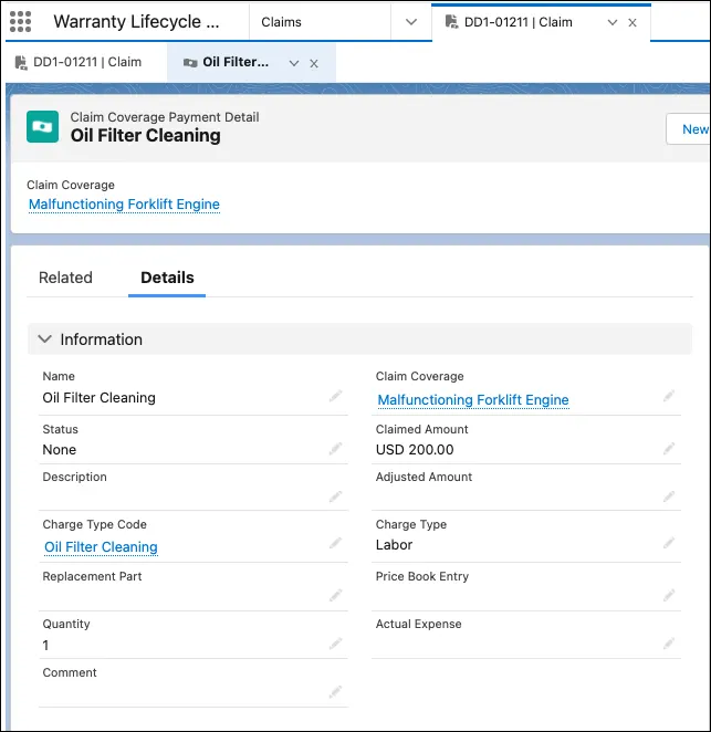 The Oil Filter Cleaning claim coverage payment detail record opened as a subtab in the Warranty Lifecycle Management app.