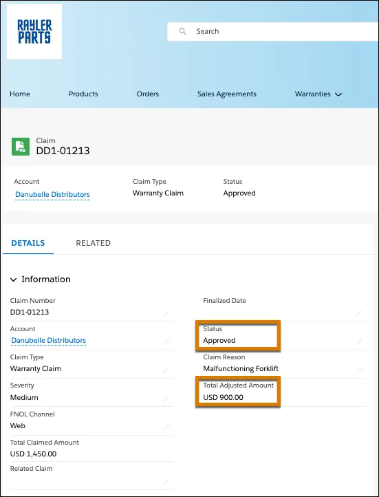 The Claim record page on the partner portal, with the Status and Total Adjusted Amount fields highlighted.