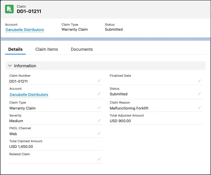 A claim record showing details like type, status, and reason.