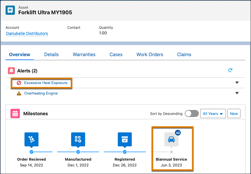 The Asset Service Console for Manufacturing with the Excessive Heat Exposure record alert and Binannual Service milestone highlighted.