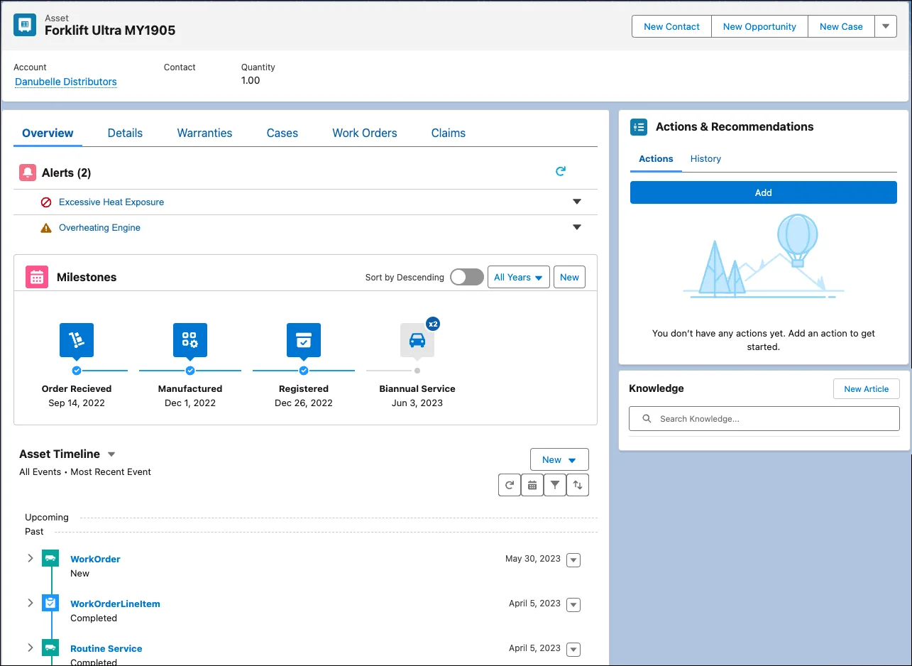 The Asset Service Console for Manufacturing, showing details like key milestones, a timeline of work orders, and vital alerts.