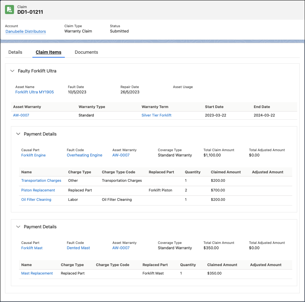 The Claim Item tab on the Claim record page shows details about the claim and its related claim items, claim coverage, and claim coverage payment details.