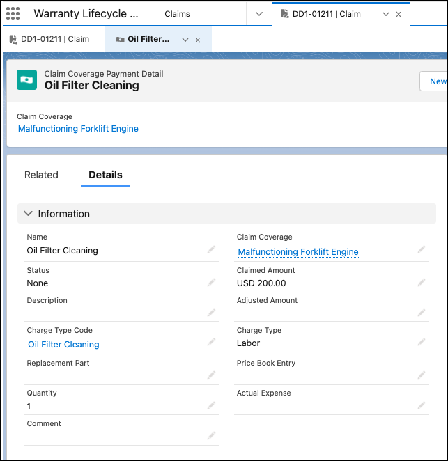 The Oil Filter Cleaning claim coverage payment detail record opened as a subtab in the Warranty Lifecycle Management app.