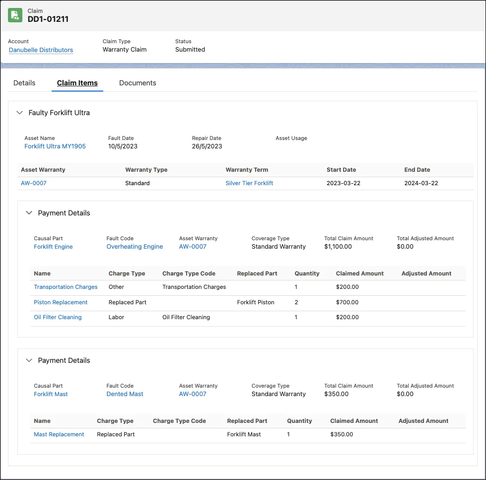 The Claim Item tab on the Claim record page shows details about the claim and its related claim items, claim coverage, and claim coverage payment details.