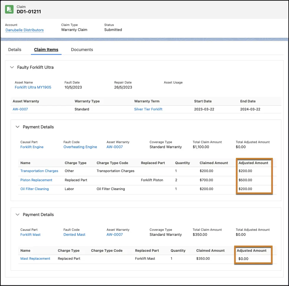 The Claim Item tab on the Claim record page, with the Adjusted Amount columns highlighted on the two Payment Detail cards.