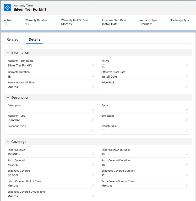 The Silver Tier Forklift warranty term record, showing its entitlements and eligibility details.