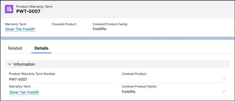 A product warranty term that associates the Silver Tier Forklift warranty term with the Forklifts product family.