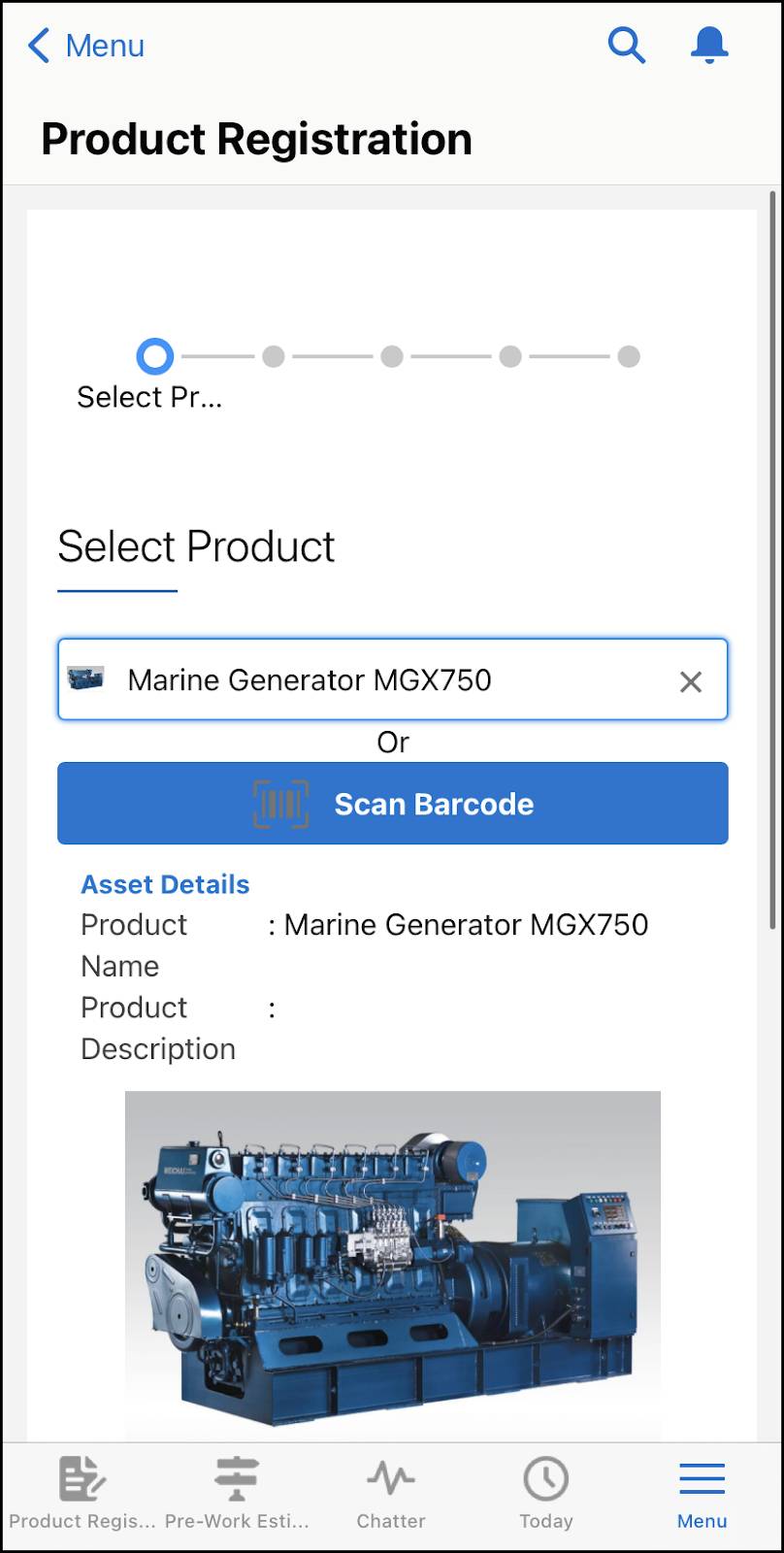 The Select Product page in the Product Registration prebuilt app.