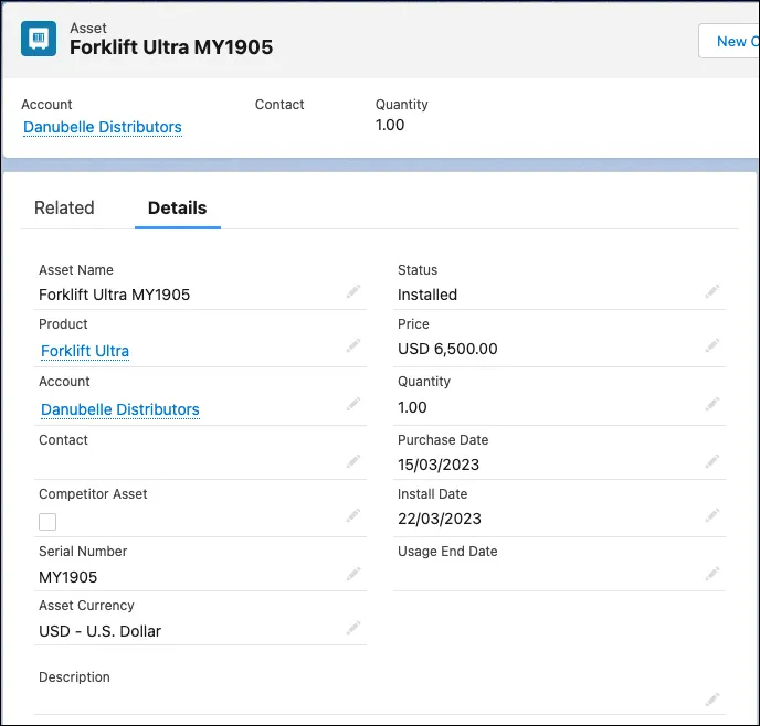 n Asset record for the Forklift Ultra MY1905 asset, showing details like the asset name, product, serial number, and more.