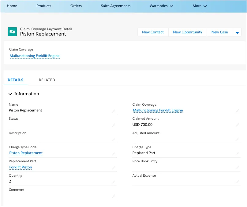 A Claim Coverage Payment Detail record showing its charge type code, replacement part, and other details.