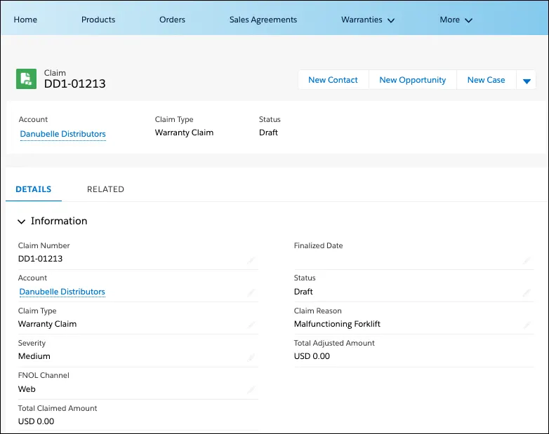 A Claim record showing the claim number, account, and other details.