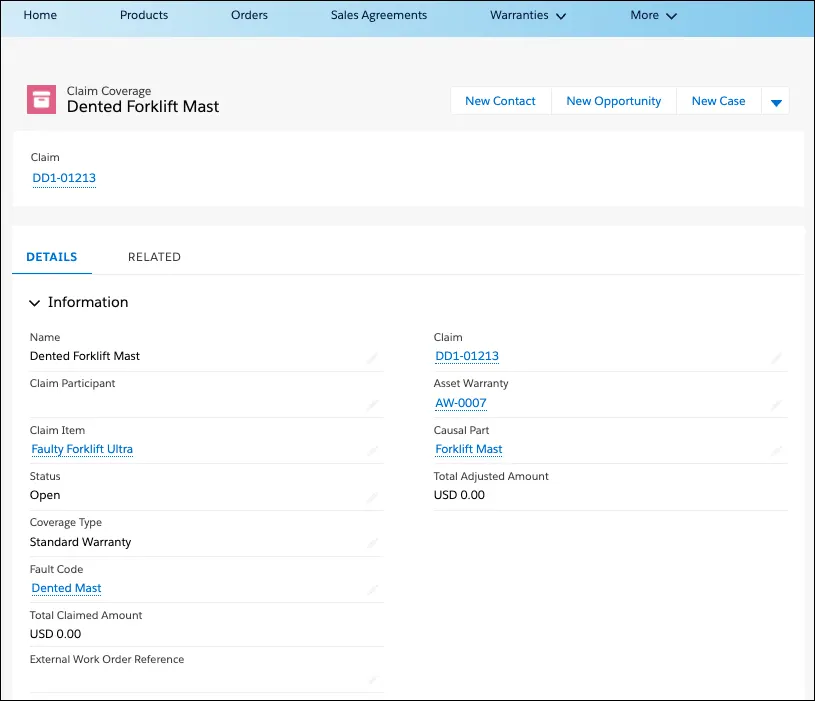 A Claim Coverage record showing the causal part, fault code, and other details.