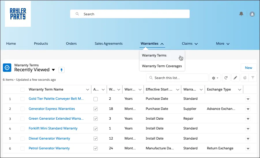 The Warranty Terms list view in the manufacturing partner portal.