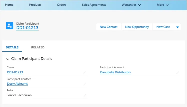 A Claim Participant record showing its participating account, participating contact, and role.