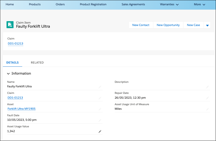 A Claim Item record showing the defective asset, its related claim, and other details.