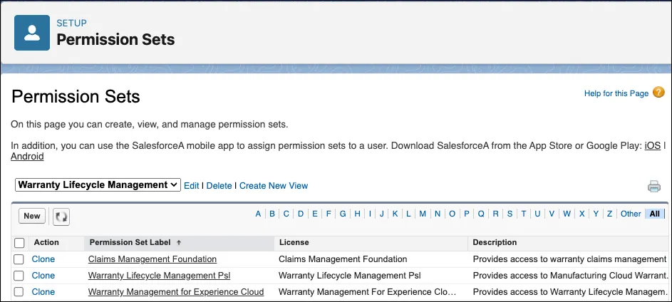 The permission sets for Warranty Lifecycle Management on the Permission Sets page in Setup.